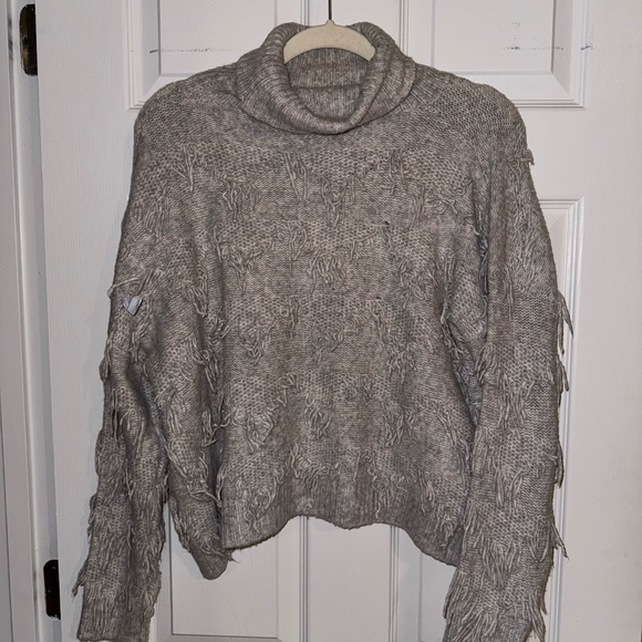 Pink Lily Grey Turtleneck Fringe Sweater - Picture 1 of 4